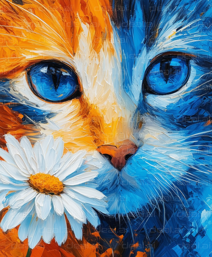 "Colorful Cat with Daisy in Vibrant Art"