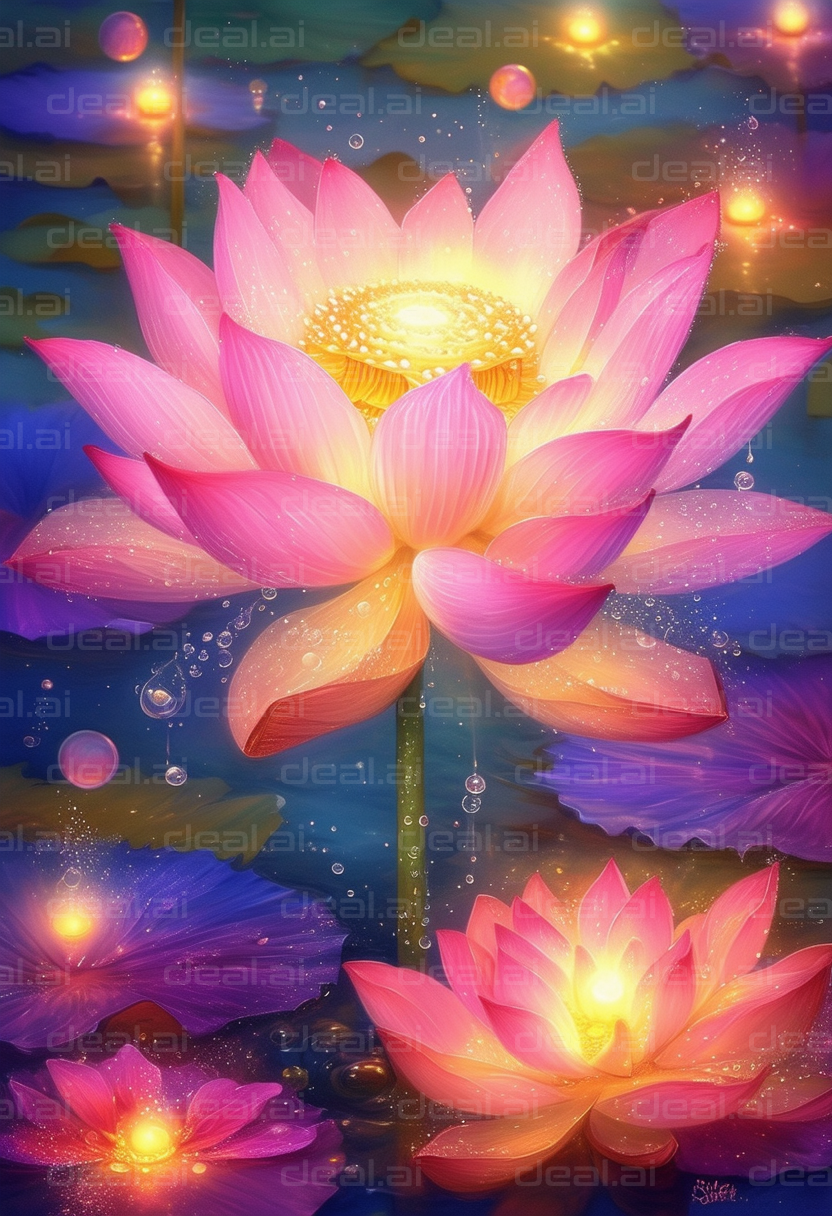 Radiant Lotus Blossoms in Moonlit Pond