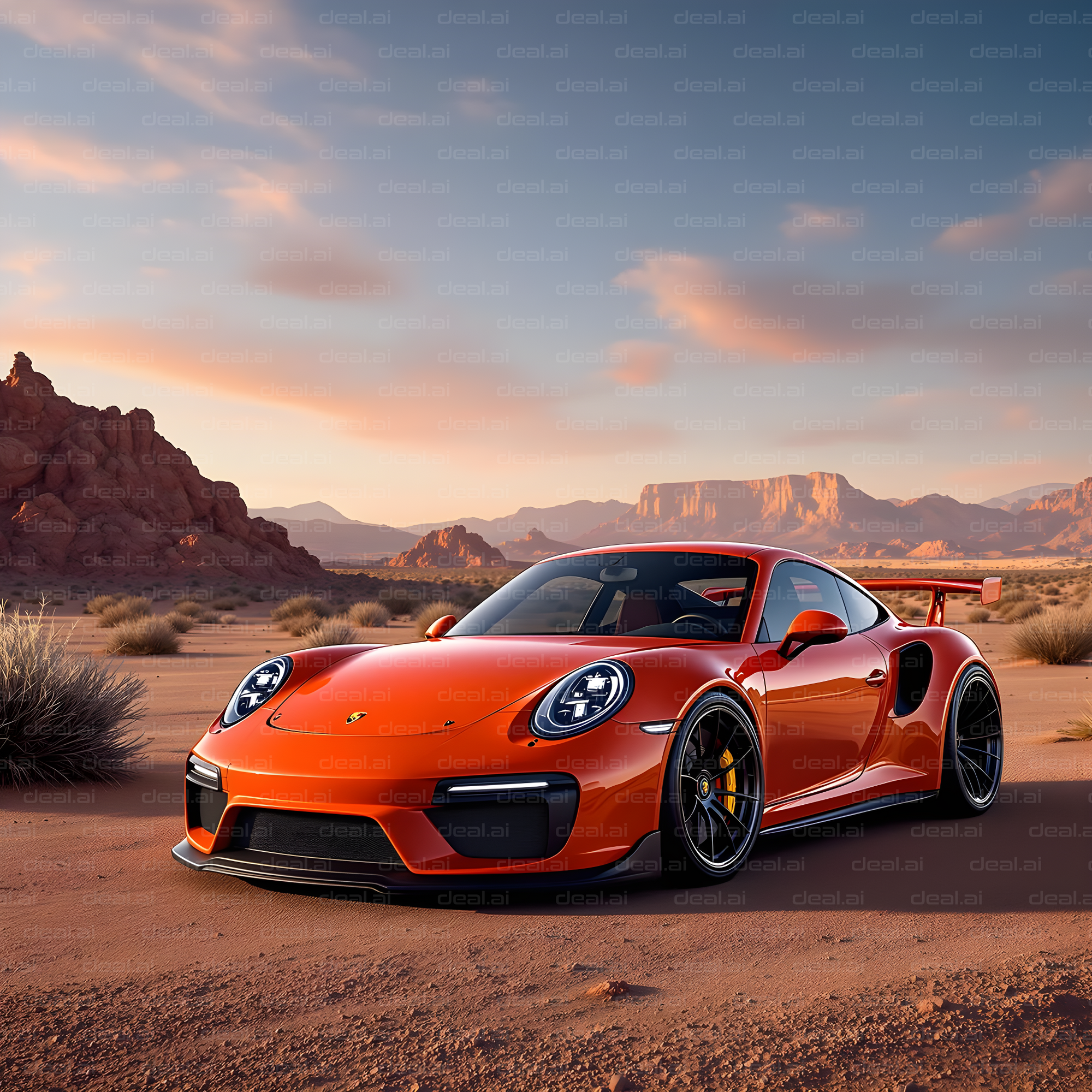 Orange Sports Car in Desert Sunset