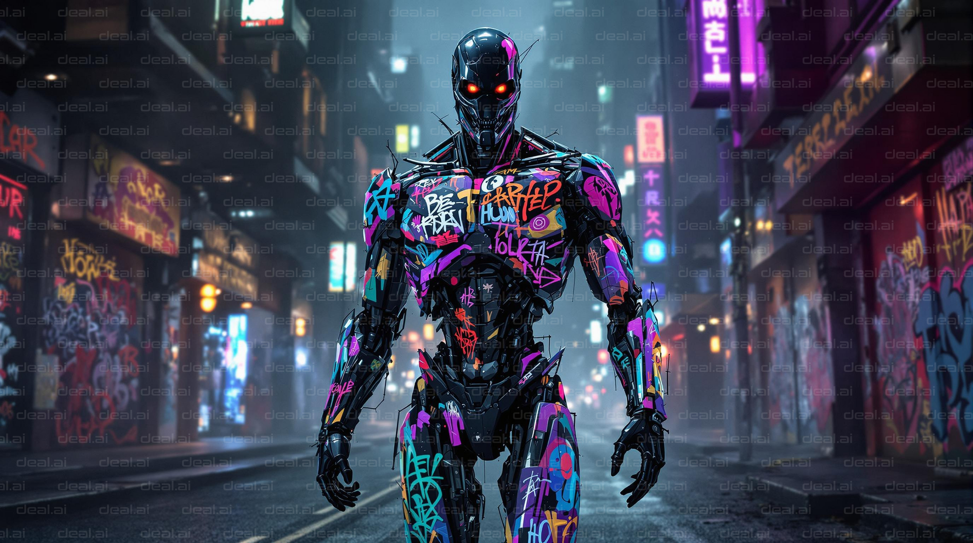 Graffiti Robot in Neon Cityscape