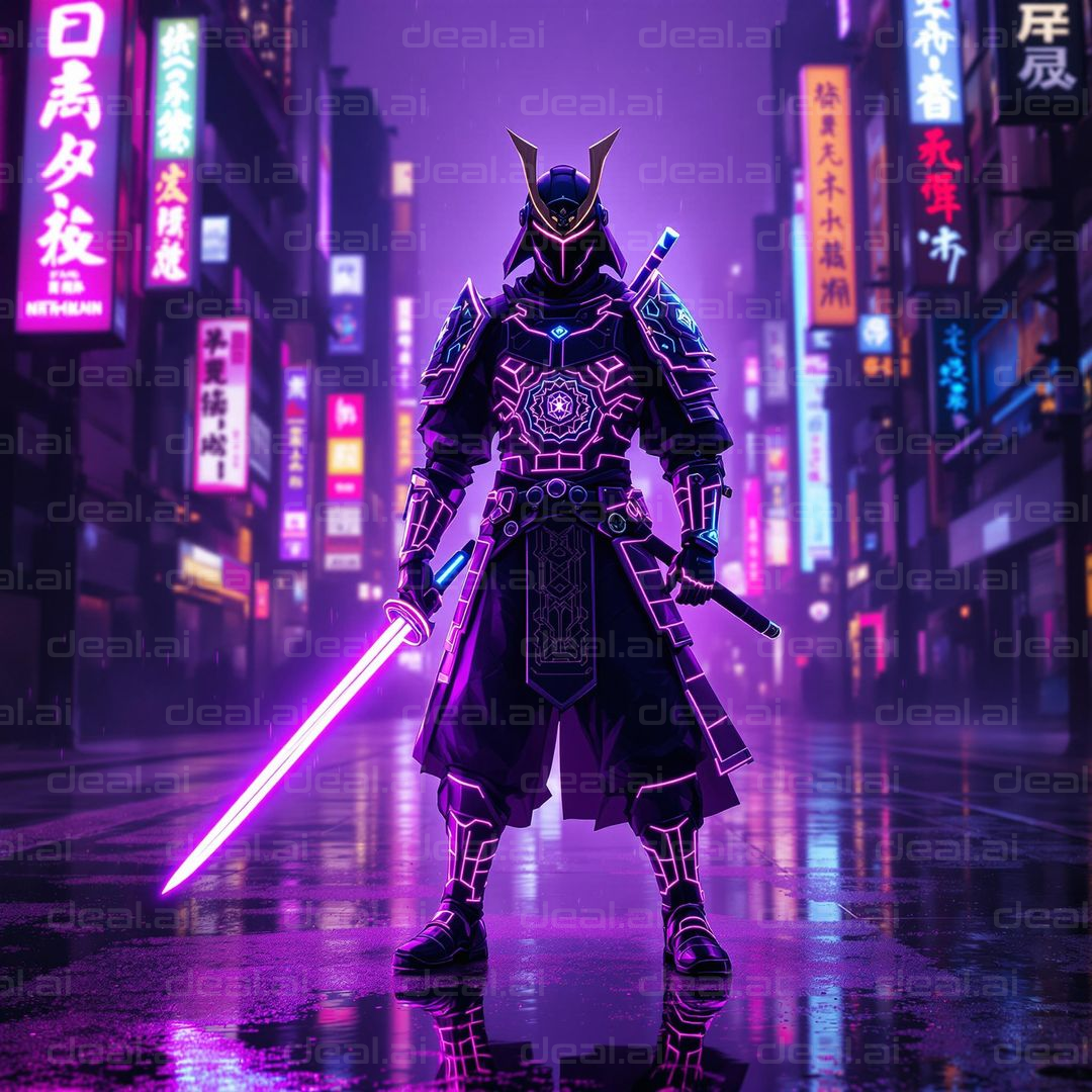 Cyber Samurai in Neon Cityscape
