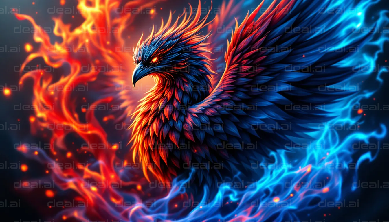 Fiery Phoenix in Blue and Red Flames