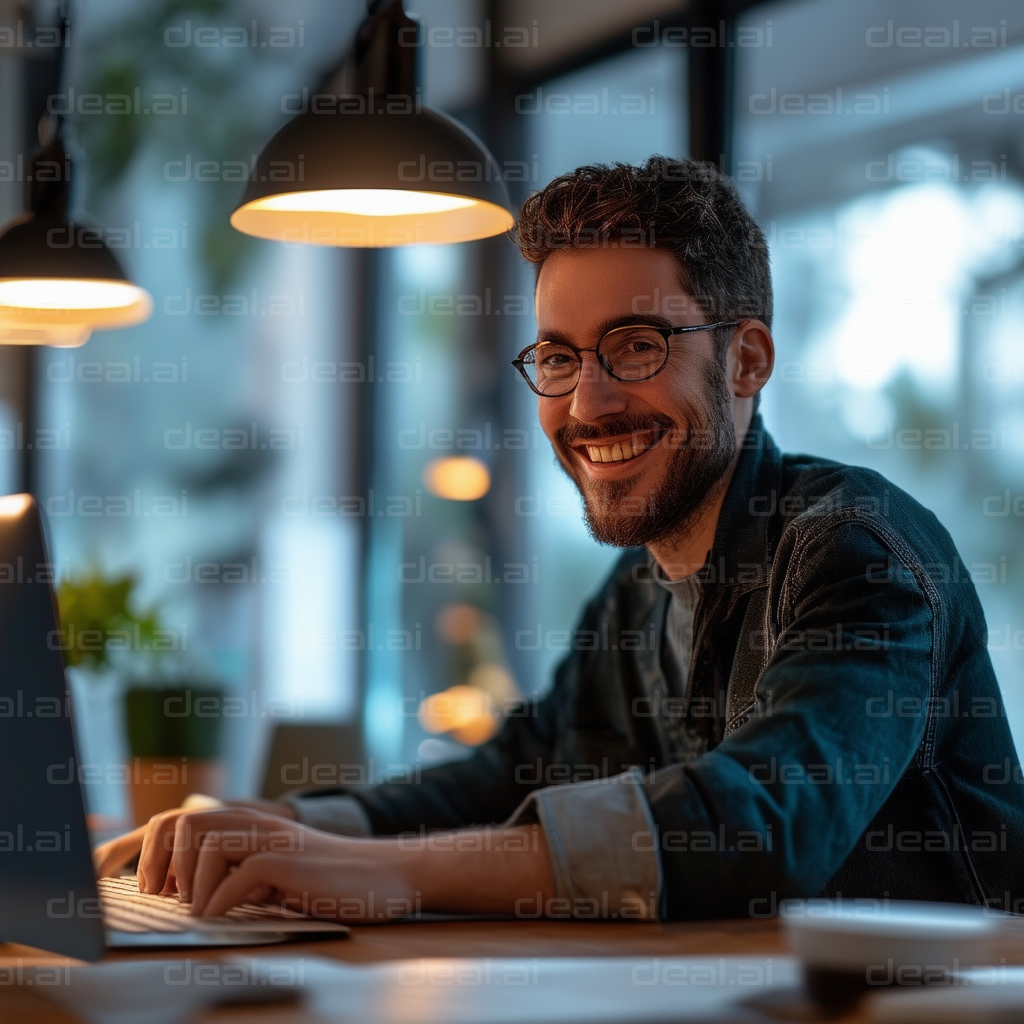 "Happy Man Working at Desk"