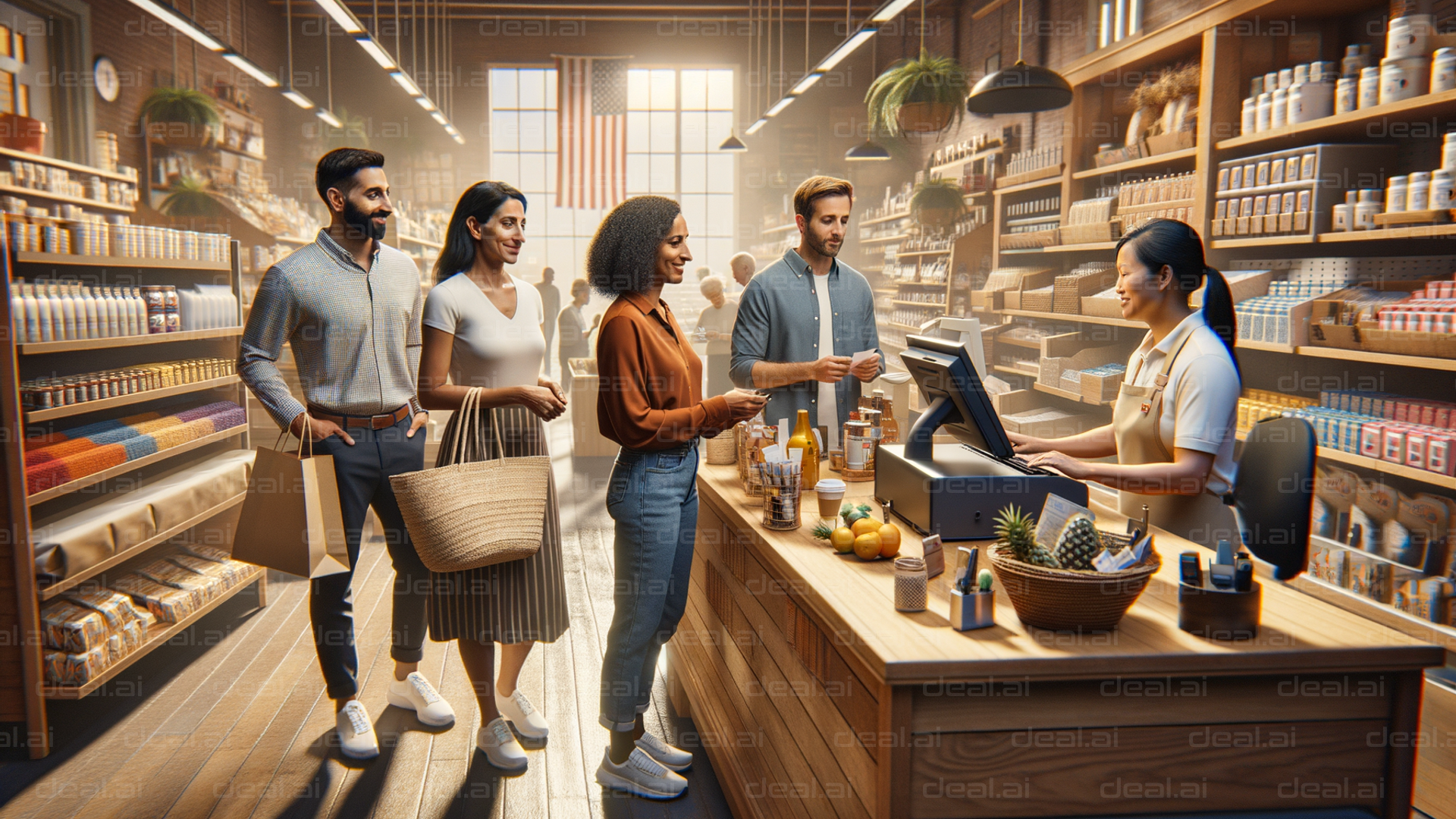 Shoppers Queue at a Cozy Grocery Store