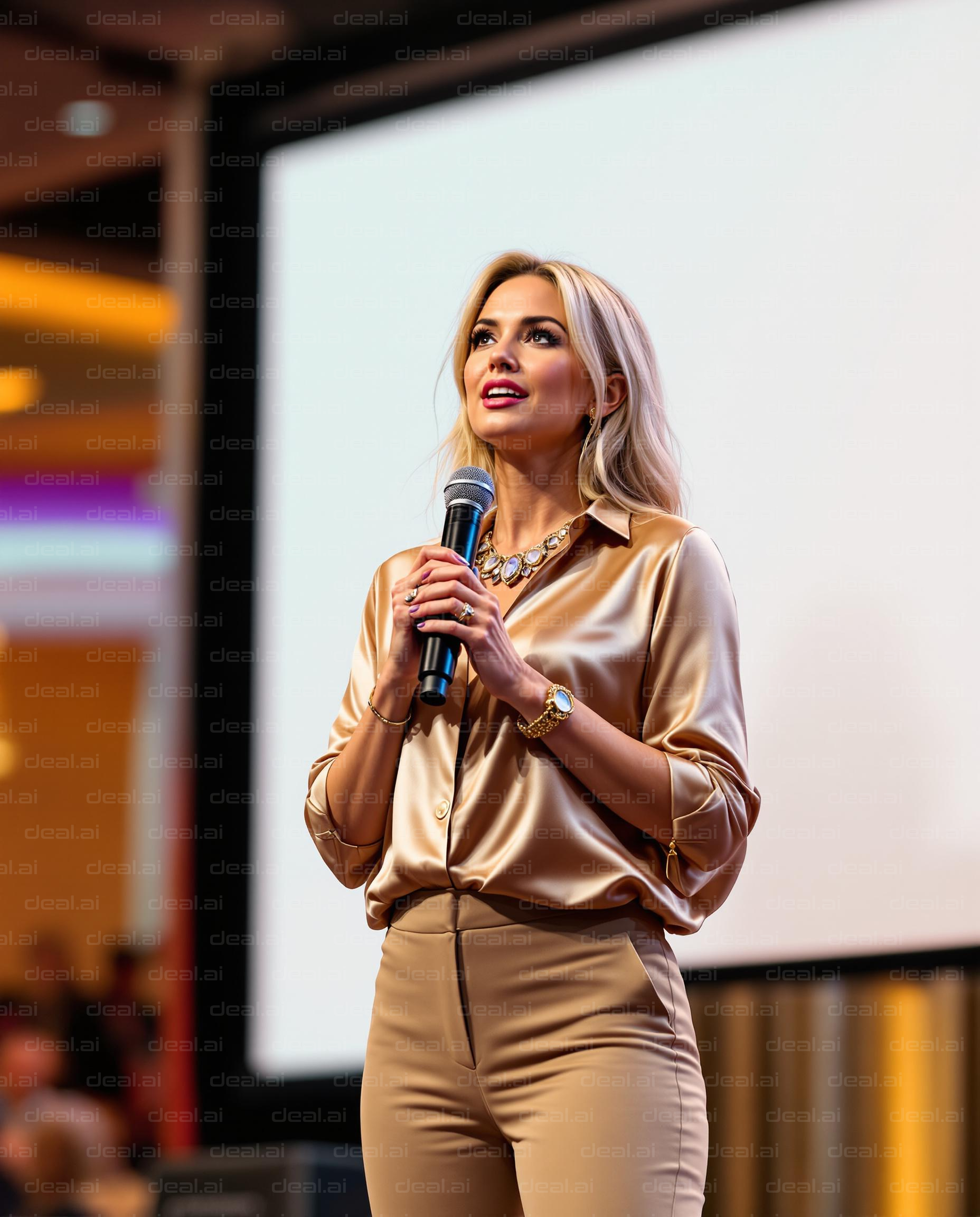 "Confident Speech in Satin Attire"