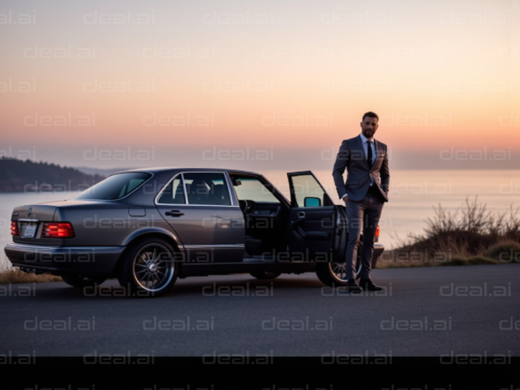Dapper Man with Car at Sunset
