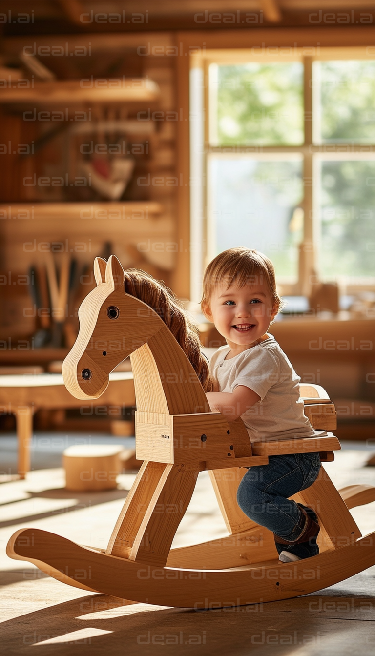 Joyful Child on Wooden Rocking Horse