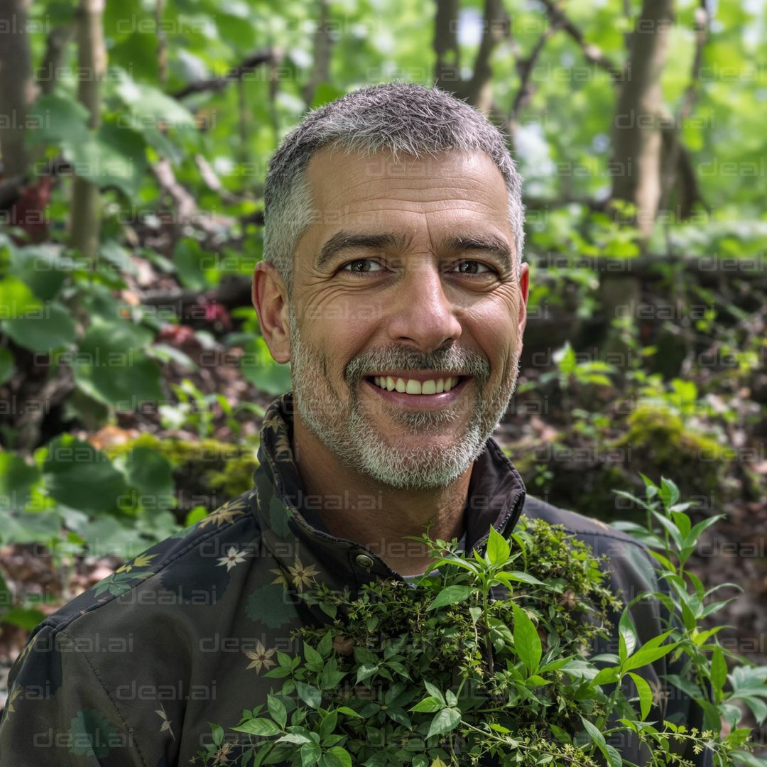 Man Smiling in Lush Greenery