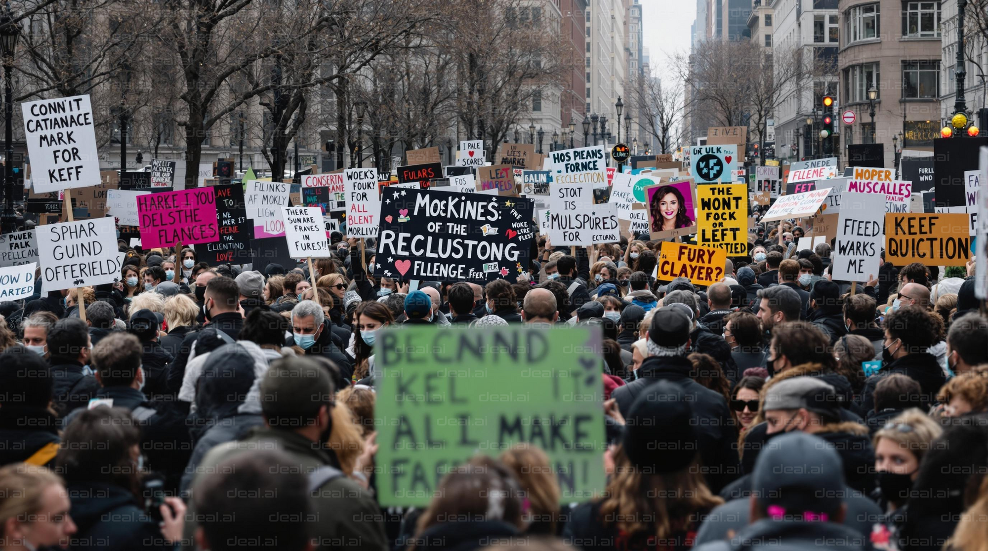 Colorful Protest Signs Crowd Scene