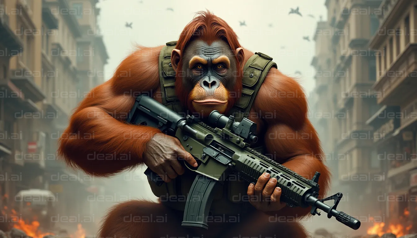"Armed Orangutan in Urban Conflict"