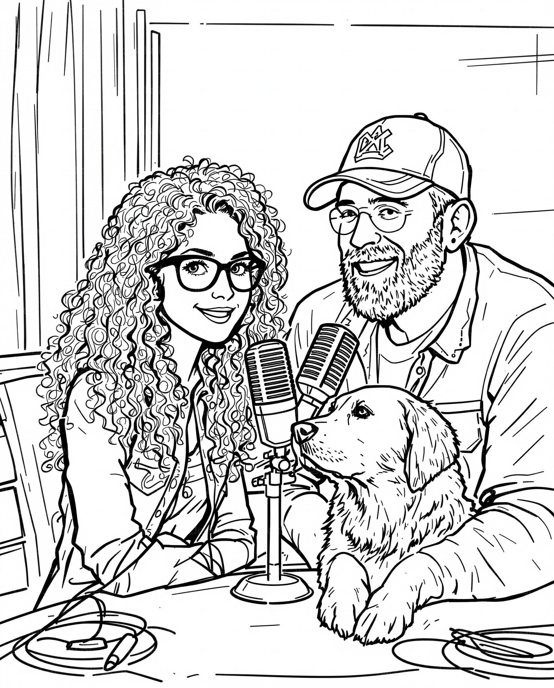 Podcast Duo and Dog Chatting Together