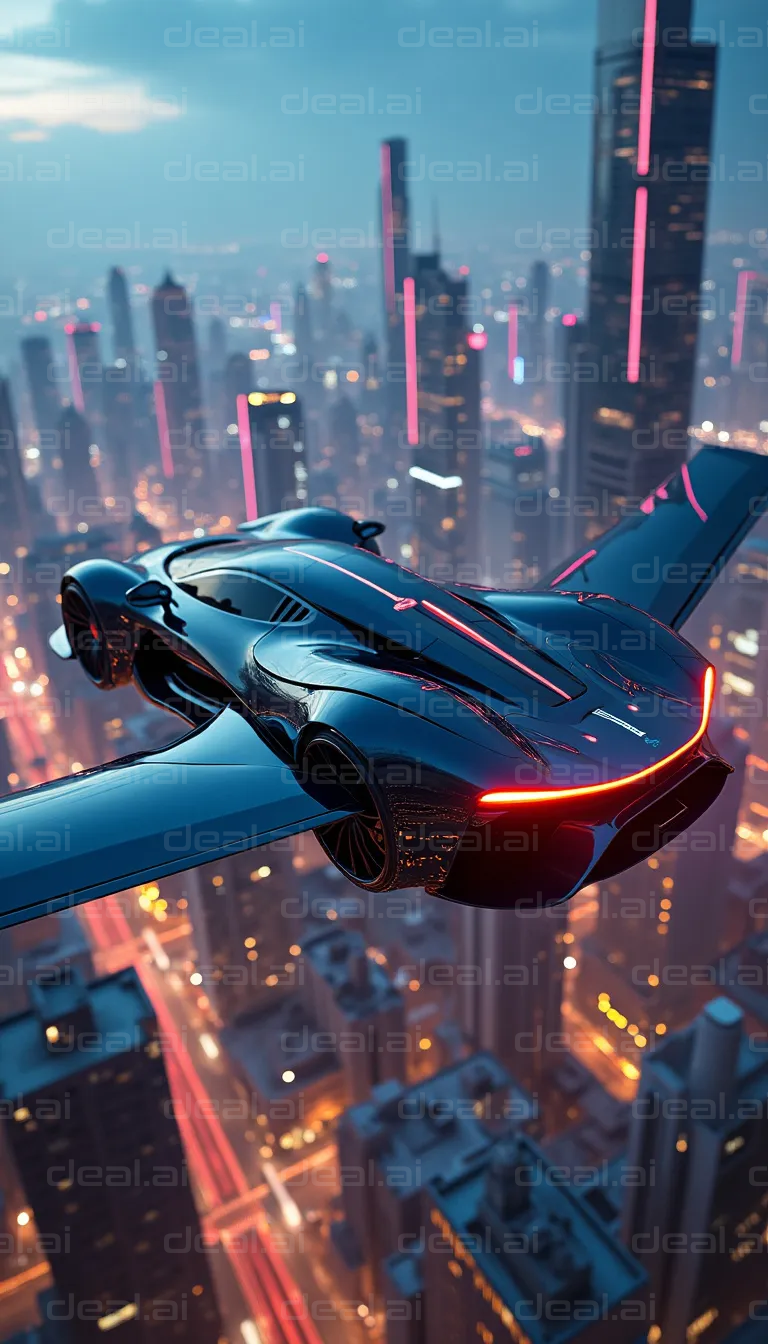Futuristic Flying Car Above City Skyline