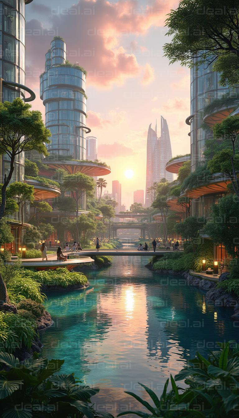 "Futuristic City with Serene Waterways"