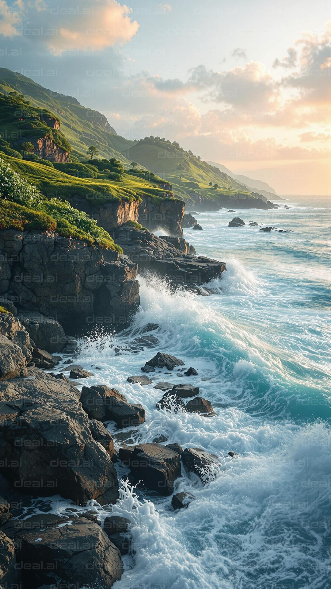 Waves Crashing on Rocky Coastline