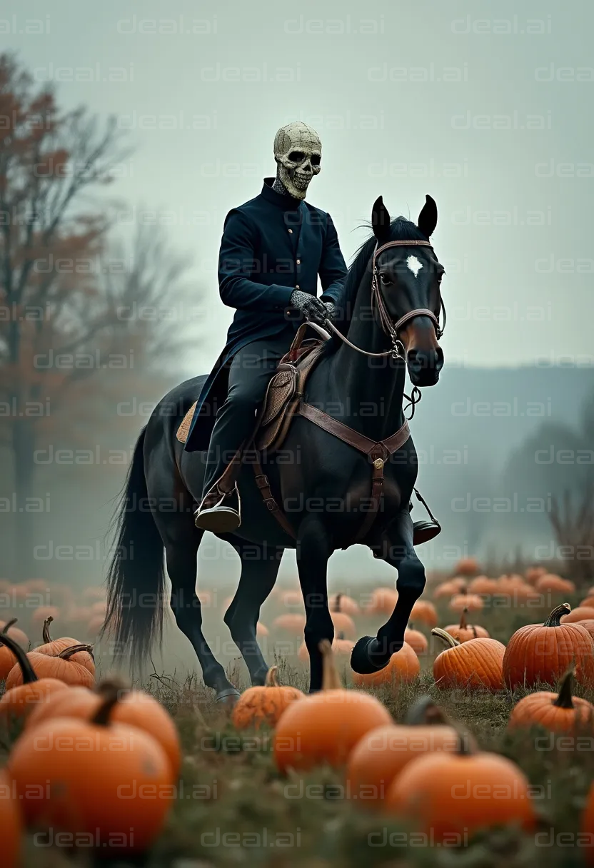 Skeleton Rider in Halloween Pumpkin Field