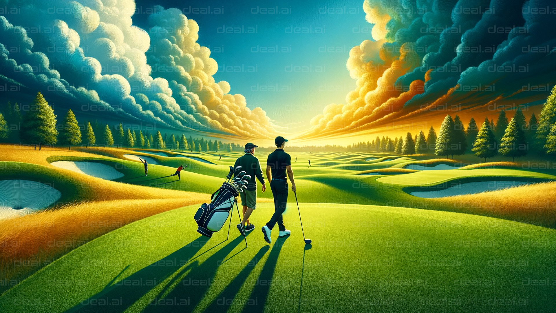 "Golfers Stroll Under Majestic Skies"