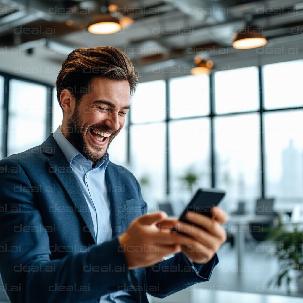 "Businessman Laughing at Phone Message"