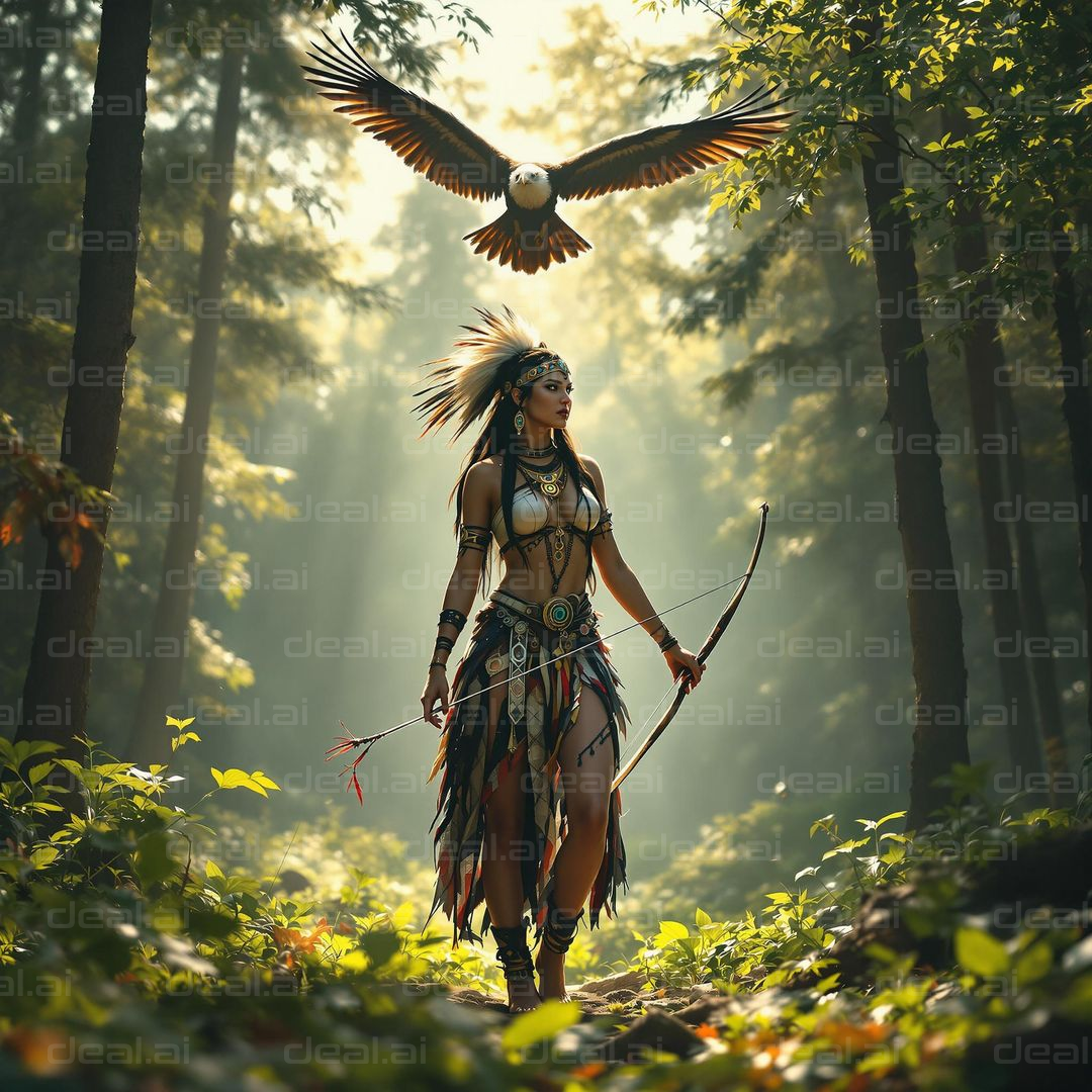 "Warrior and Eagle in Sunlit Forest"