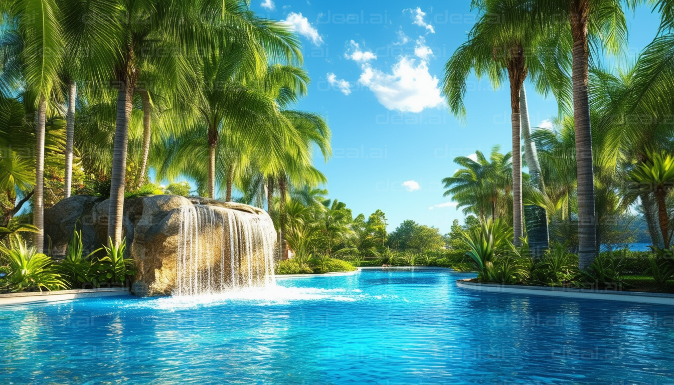 Tropical Poolside Paradise with Waterfall