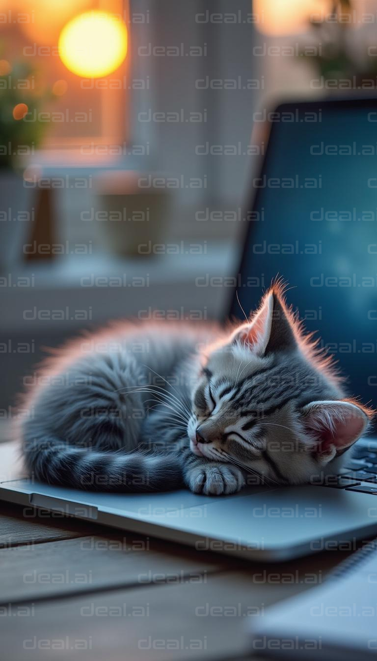Kitten Napping on Keyboard at Sunset
