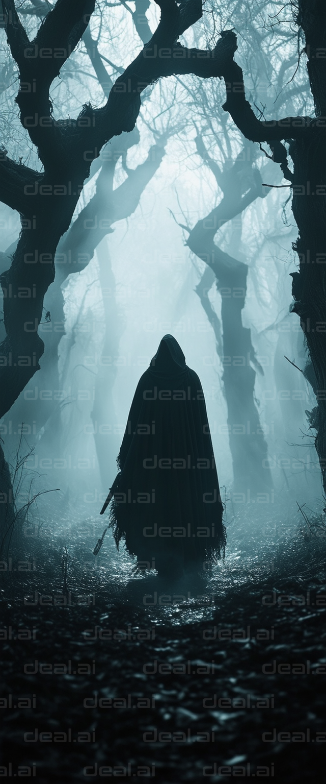 "Mysterious Figure in Eerie Forest"