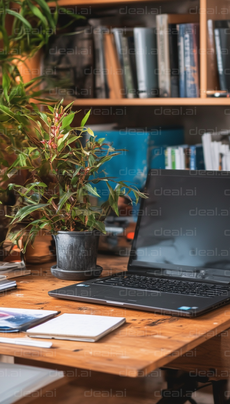 Cozy Workspace with Laptop and Plant