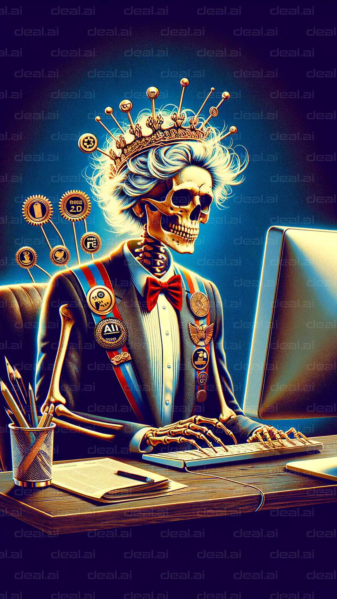 "Skeleton Emperor at the Computer Desk"