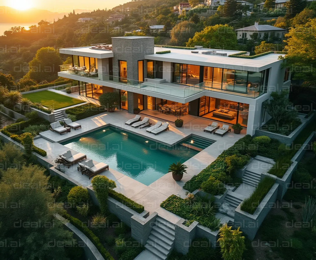 Modern Hillside Villa at Sunset