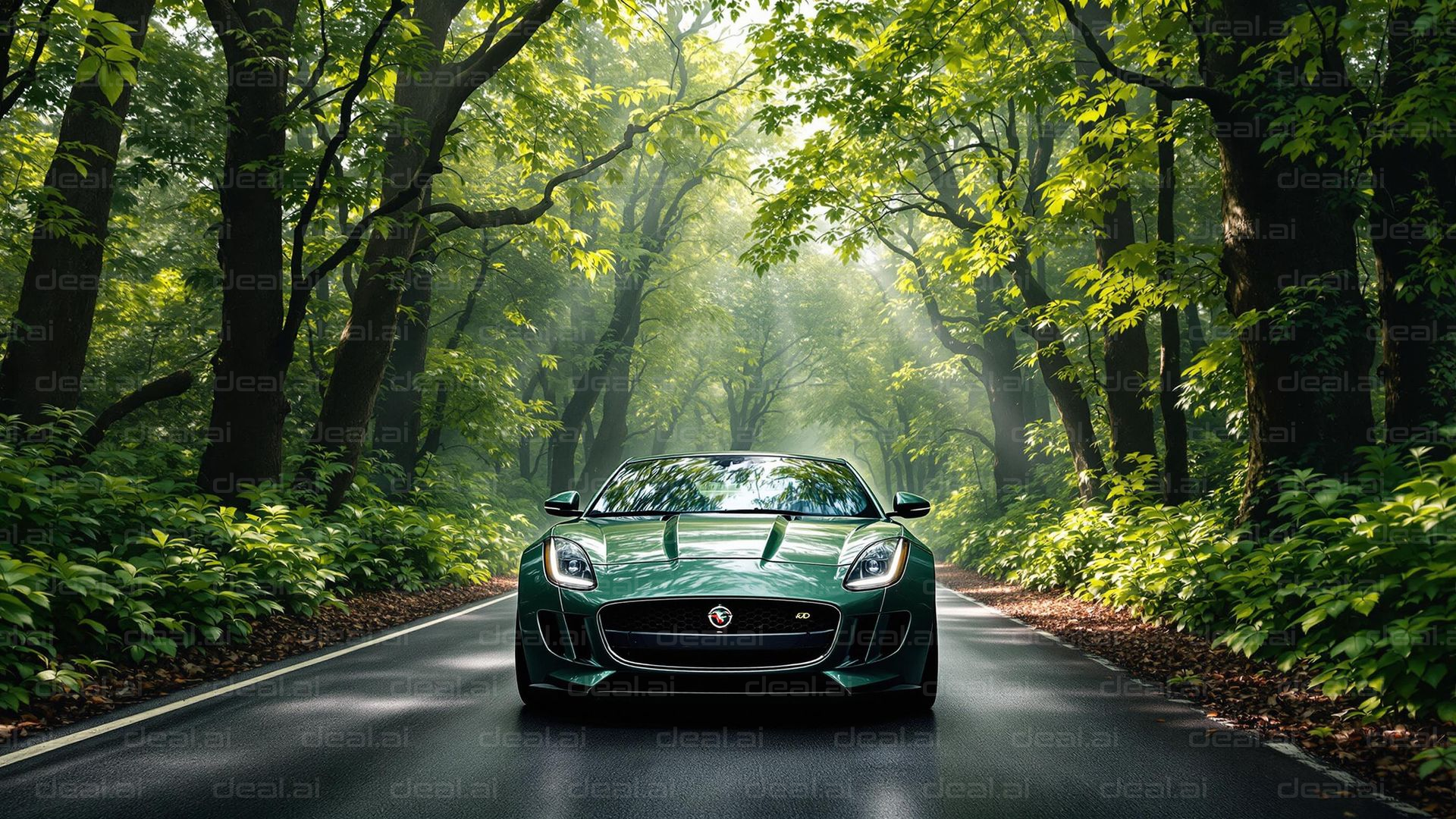 Car cruising through a forest road