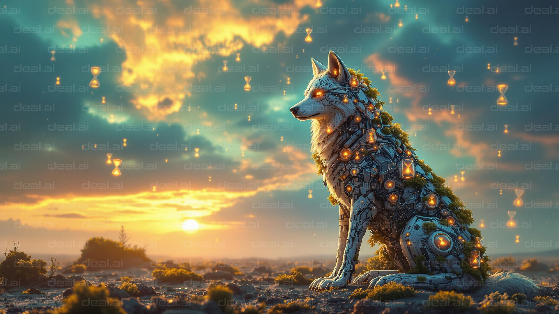"Cyborg Wolf at Sunset"
