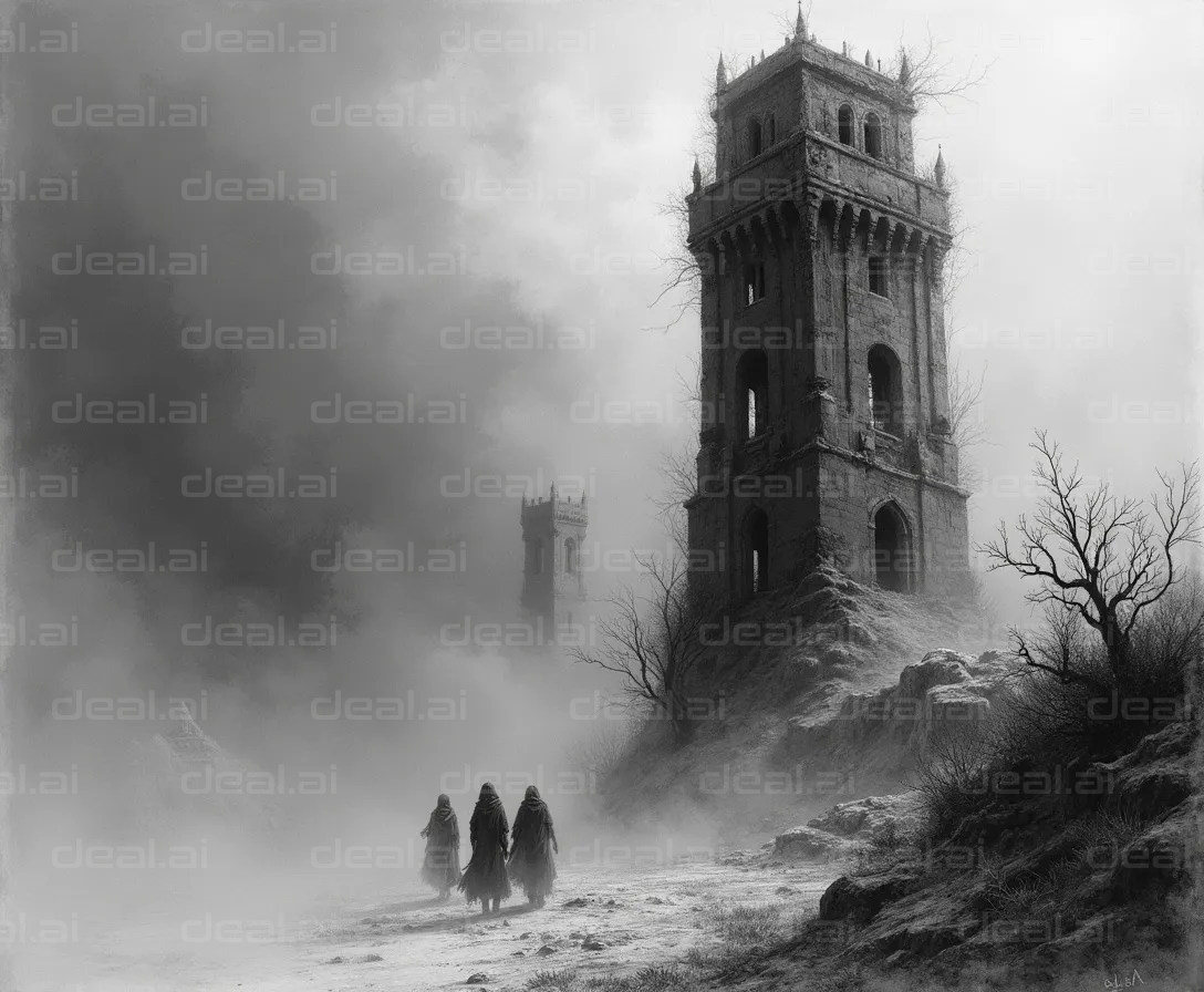 "Three Figures Approaching Ancient Tower"