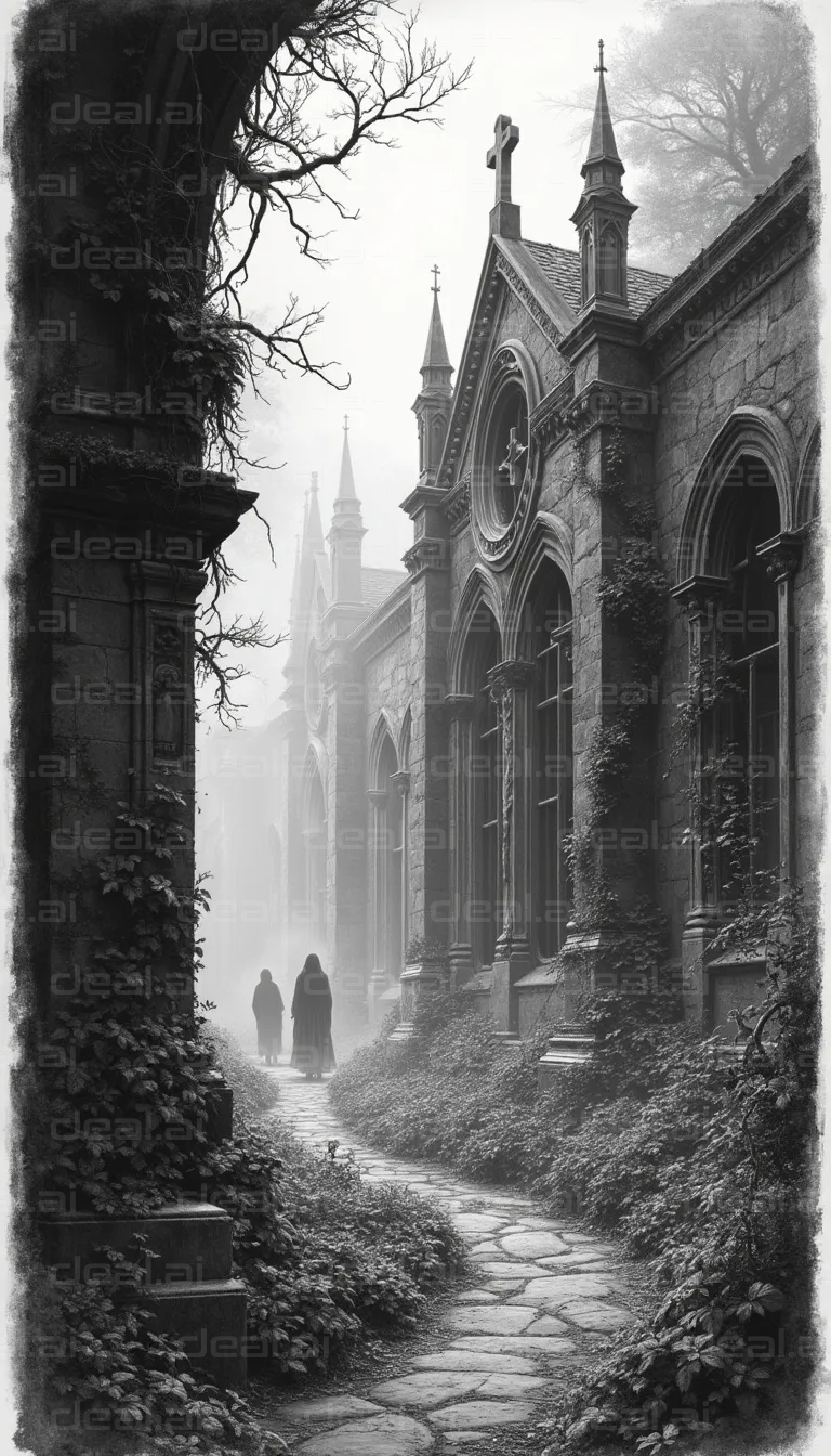 "Foggy Gothic Church Walk"