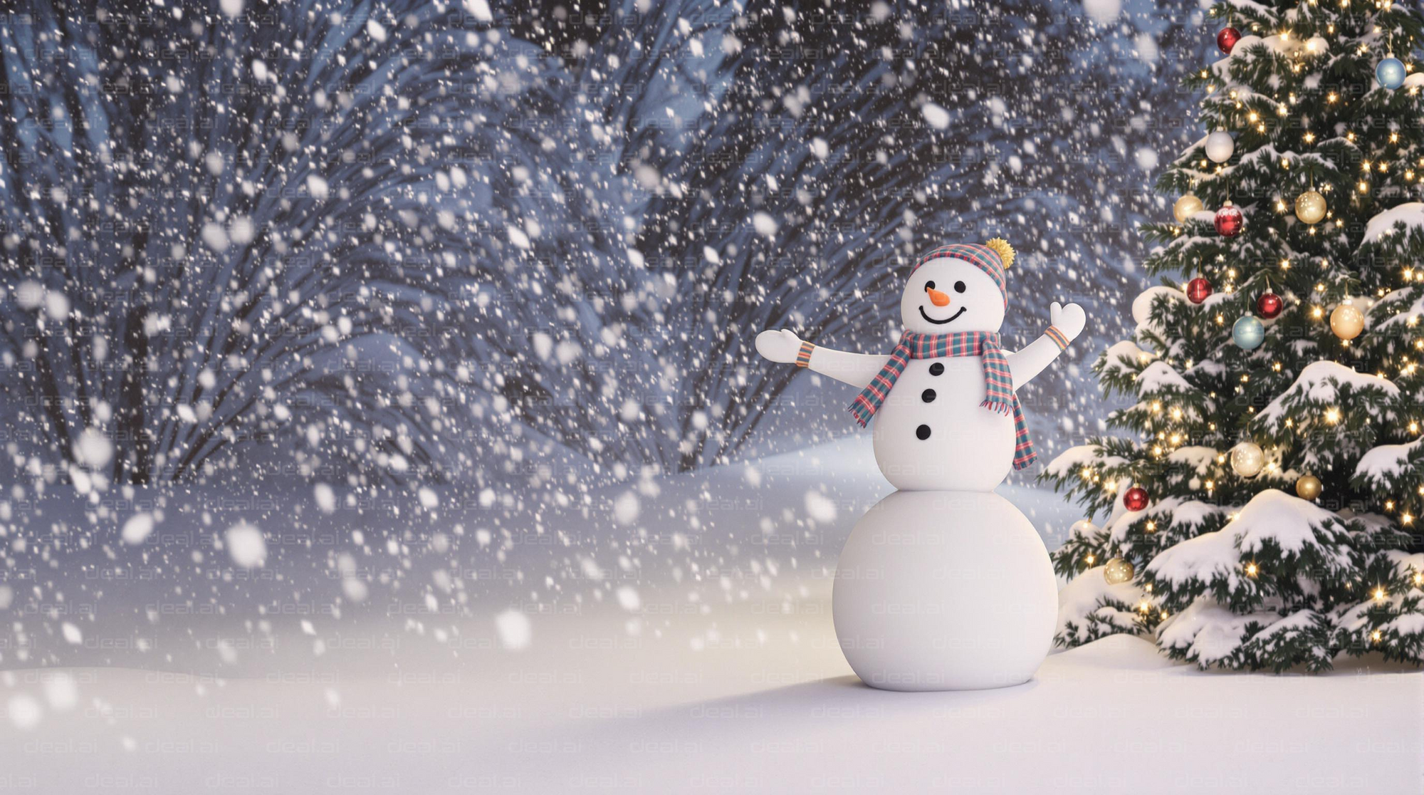 "Snowy Snowman by Christmas Tree"