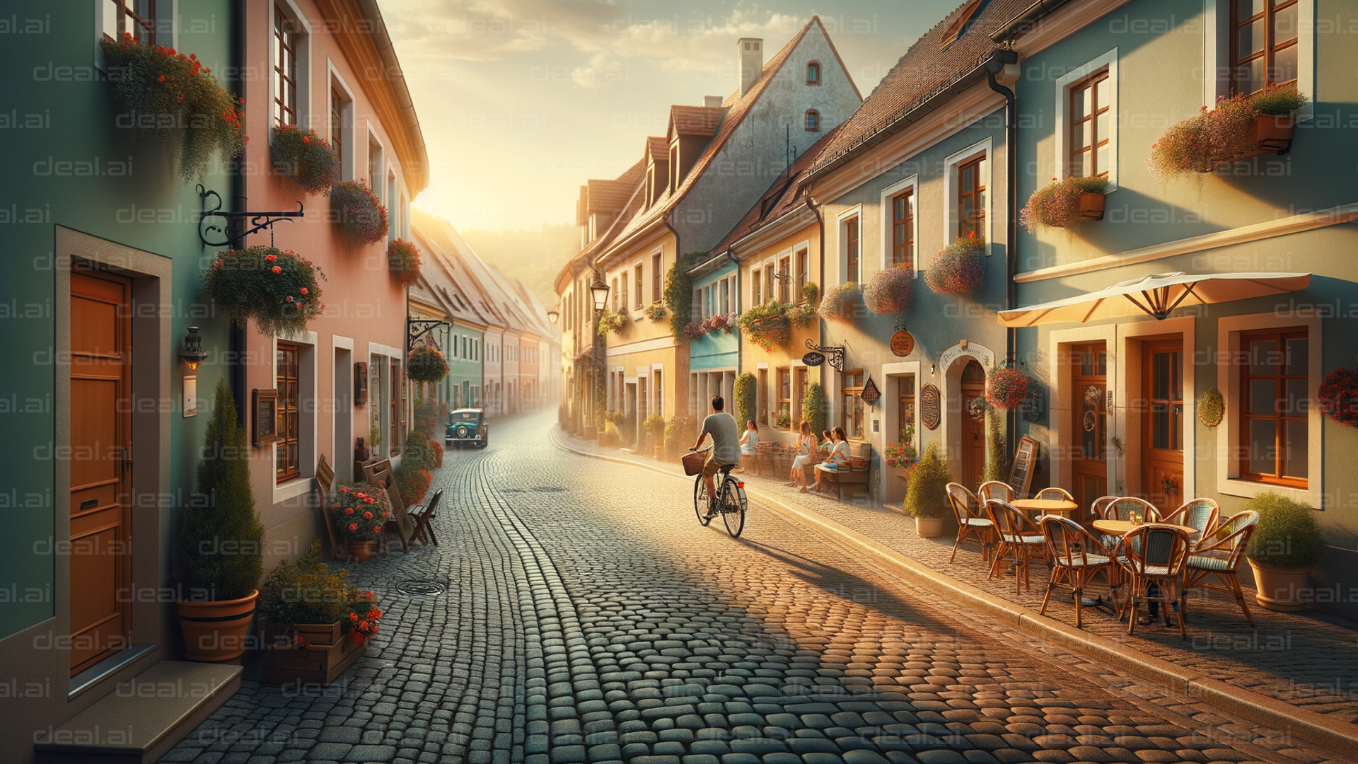 Cyclist on a Sunny Village Street