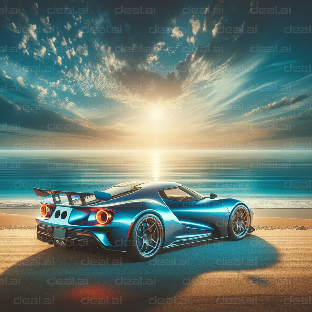 "Sunset Speed: Car by the Shoreline"