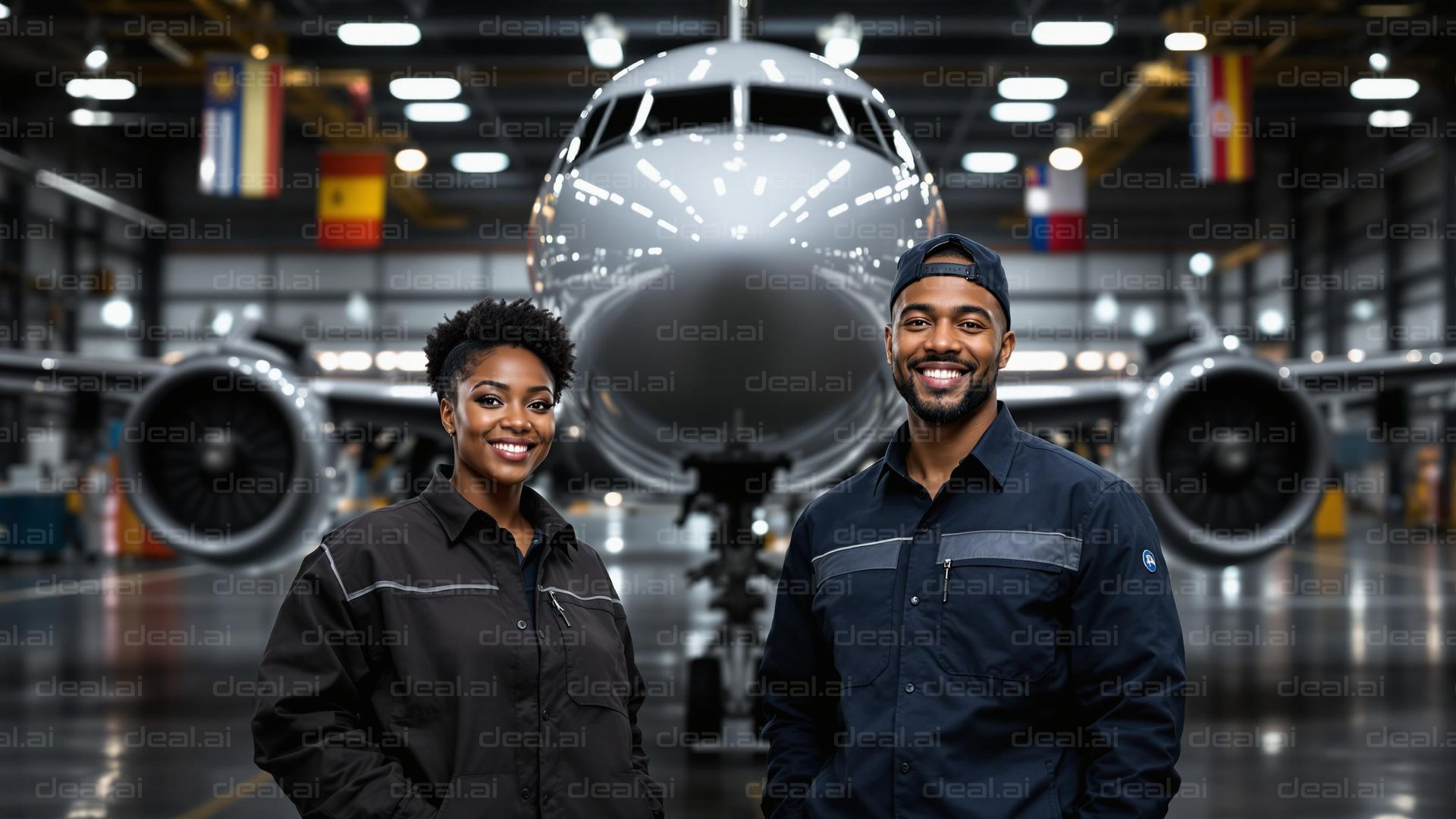 Aviation Team in Hangar Smiling
