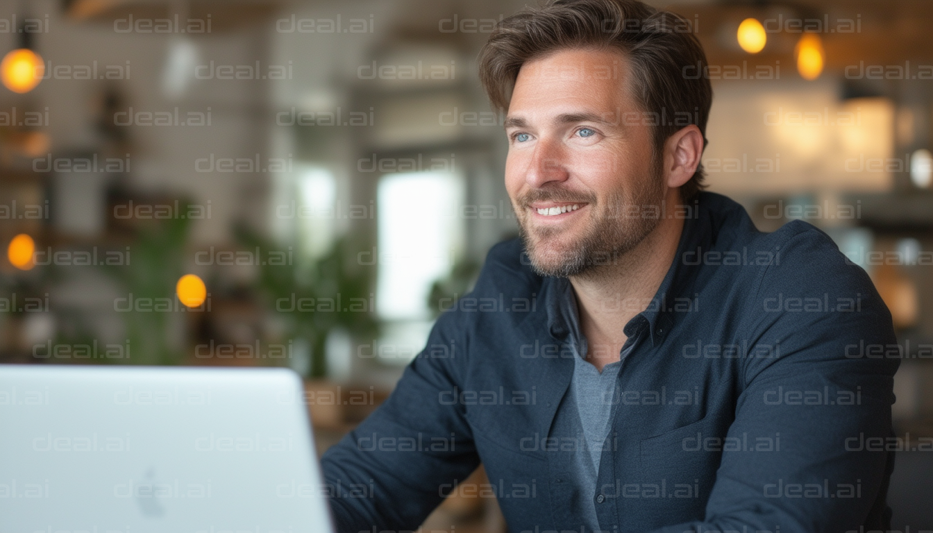 "Man Working on Laptop in Cozy Cafe"