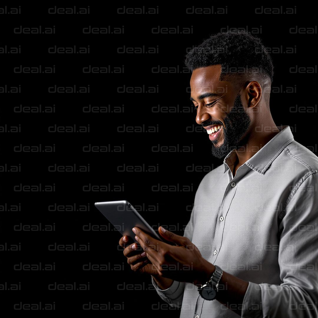 Man Smiling at Tablet Screen