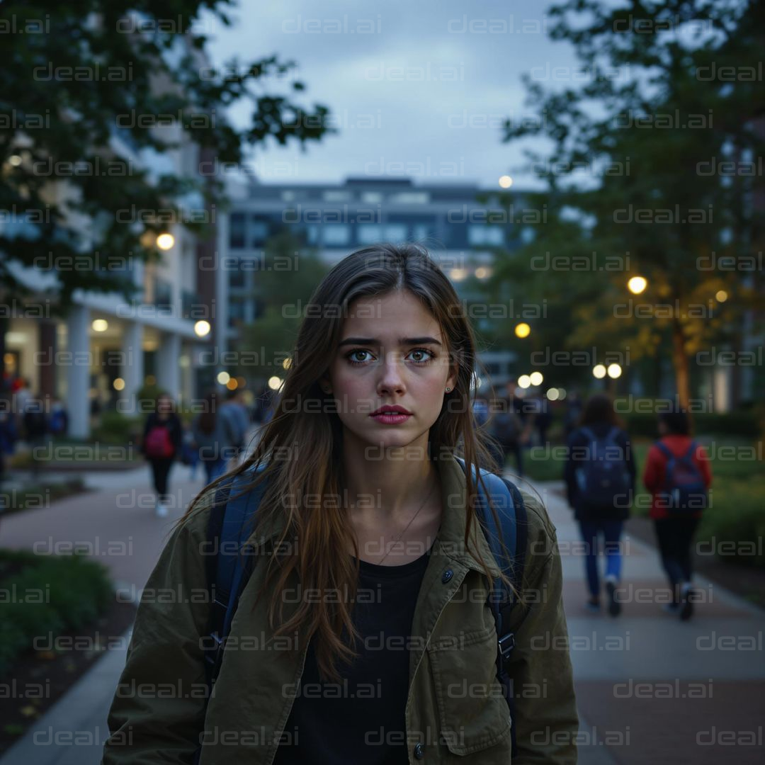 "Student Walking on Campus at Dusk"