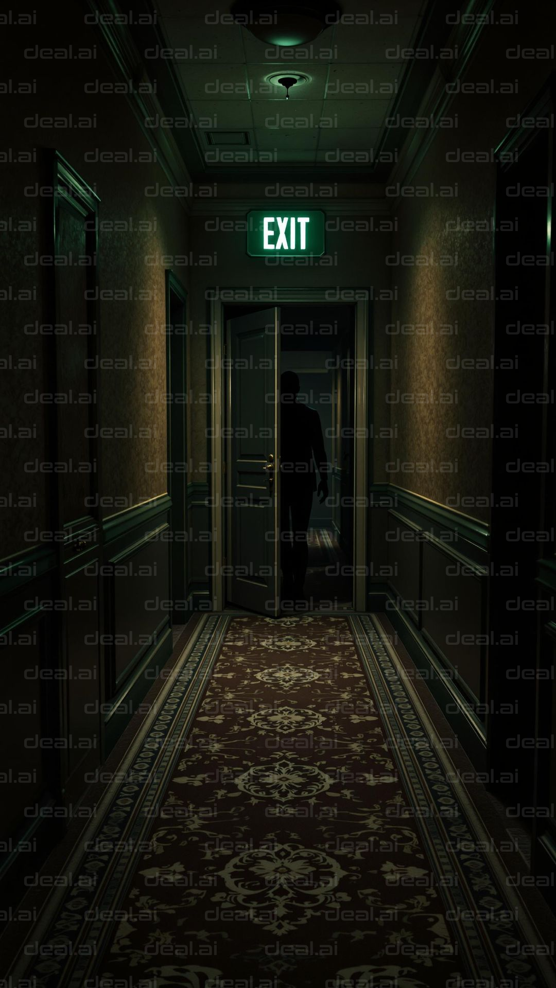 Mysterious Exit in Dimly Lit Hallway