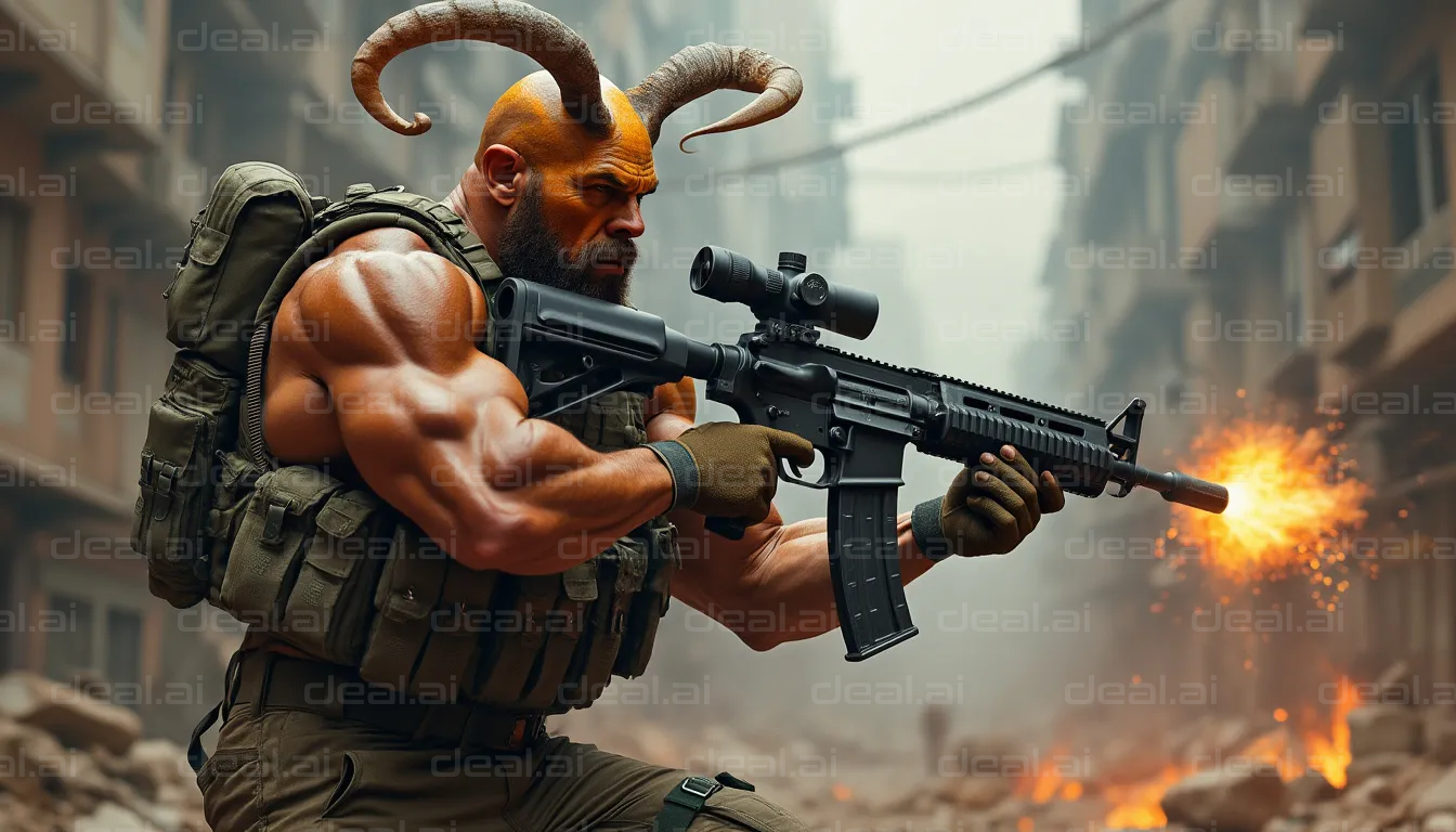 Horned Soldier in Intense Battle Scene