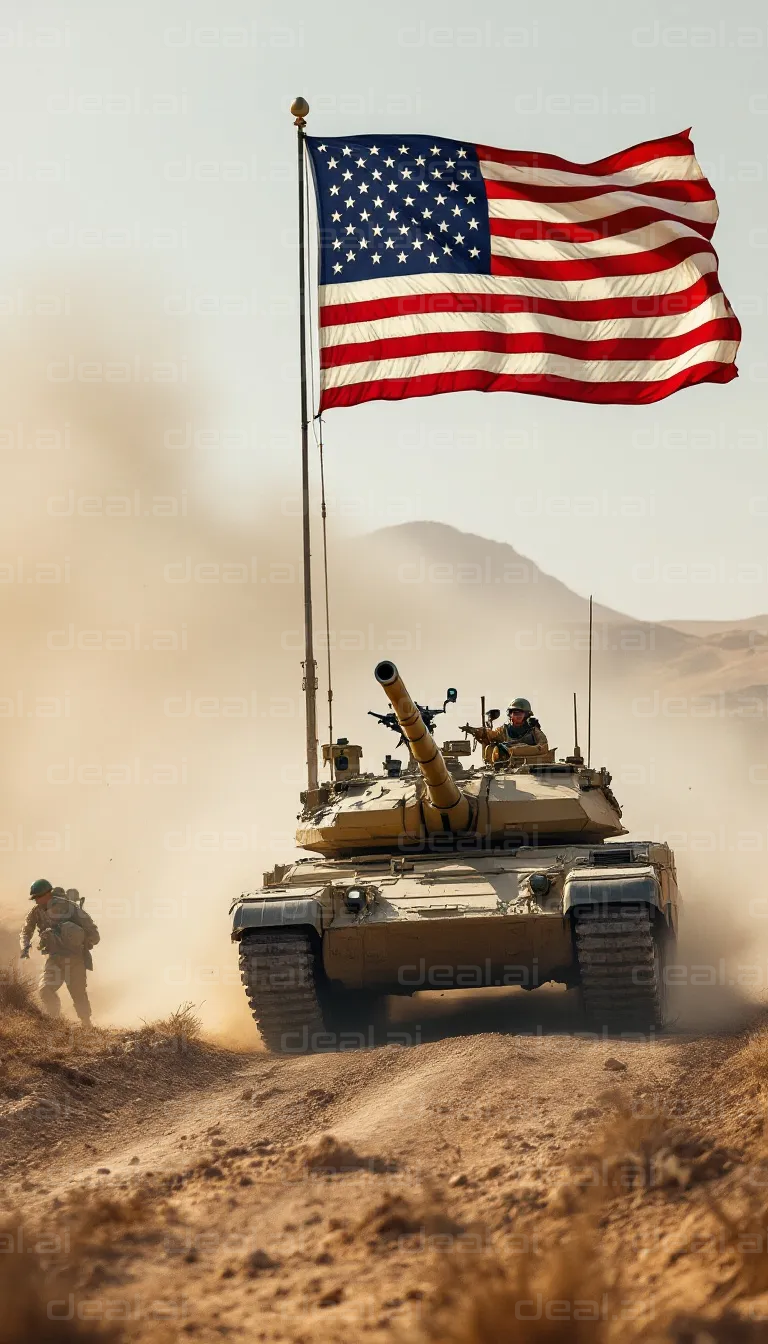 Tank and Flag in Desert Dust