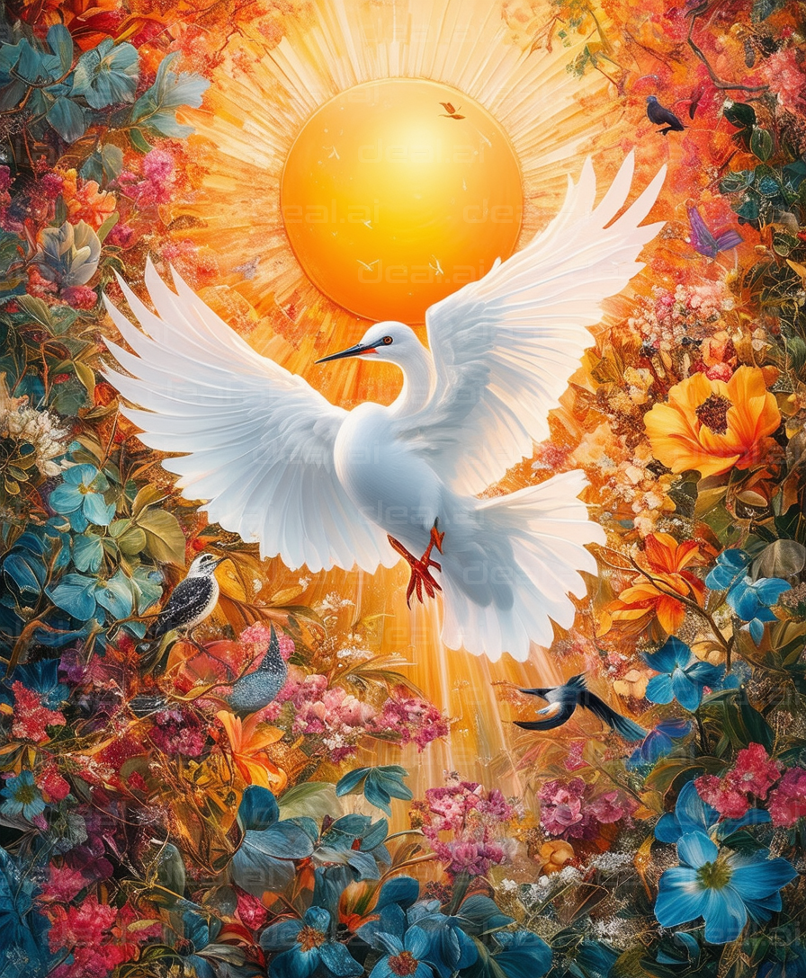 "Radiant Bird in a Garden of Colors"