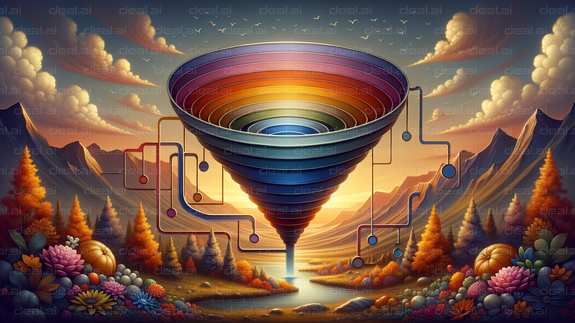 "Surreal Landscape with Colorful Vortex"