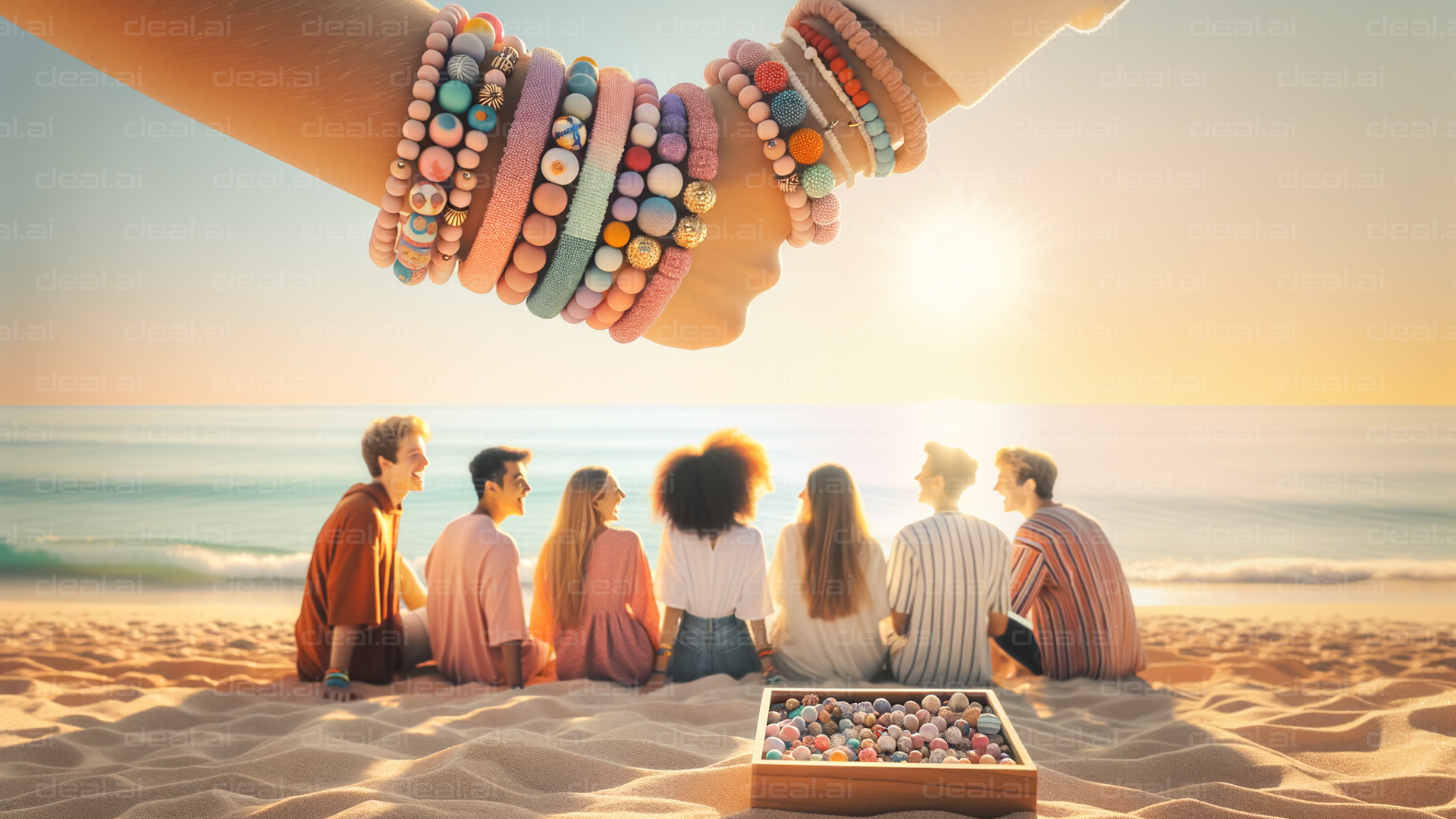"Colorful Bracelets at Sunset Beach Gathering"