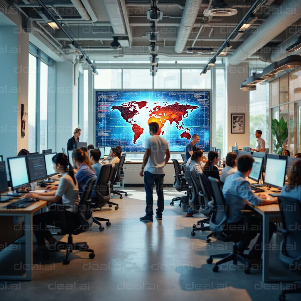 "Busy Tech Office with Global Map Display"