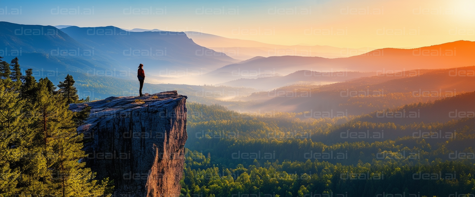 Solitary Hiker on Mountain Cliff at Sunset