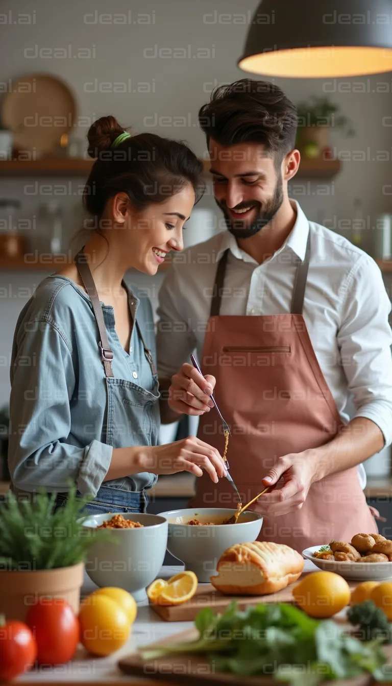 Couple Cooking Together in Cozy Kitchen