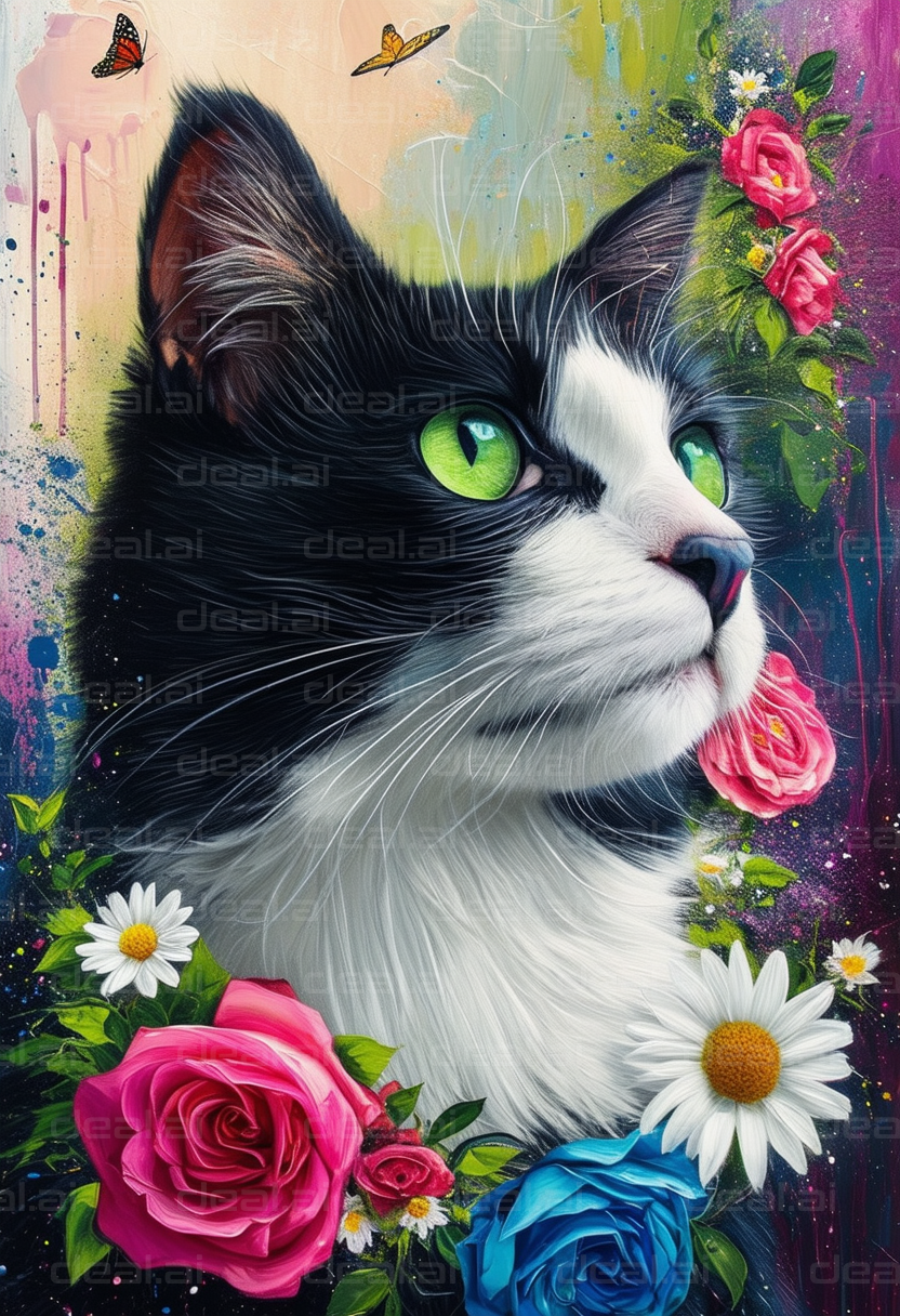 Cat Amid Flowers and Butterflies