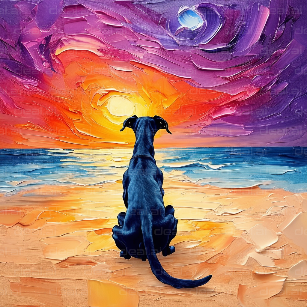 "Dog Watching Sunset on Colorful Beach"